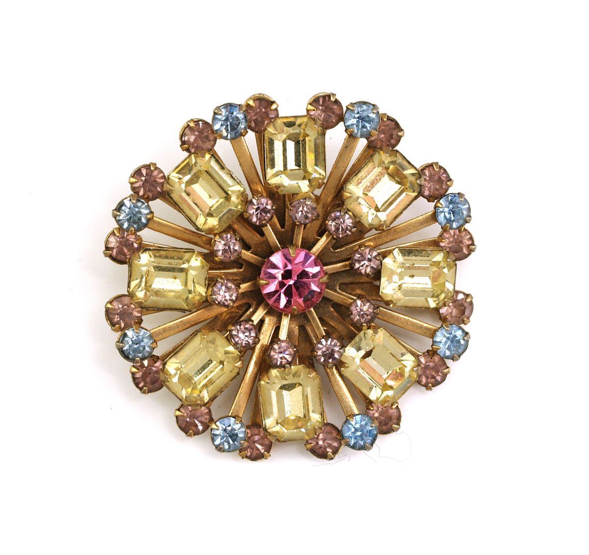 Vintage 1950s Atomic Style Swedged Construction Circular Brooch With Emerald Cut Stones
