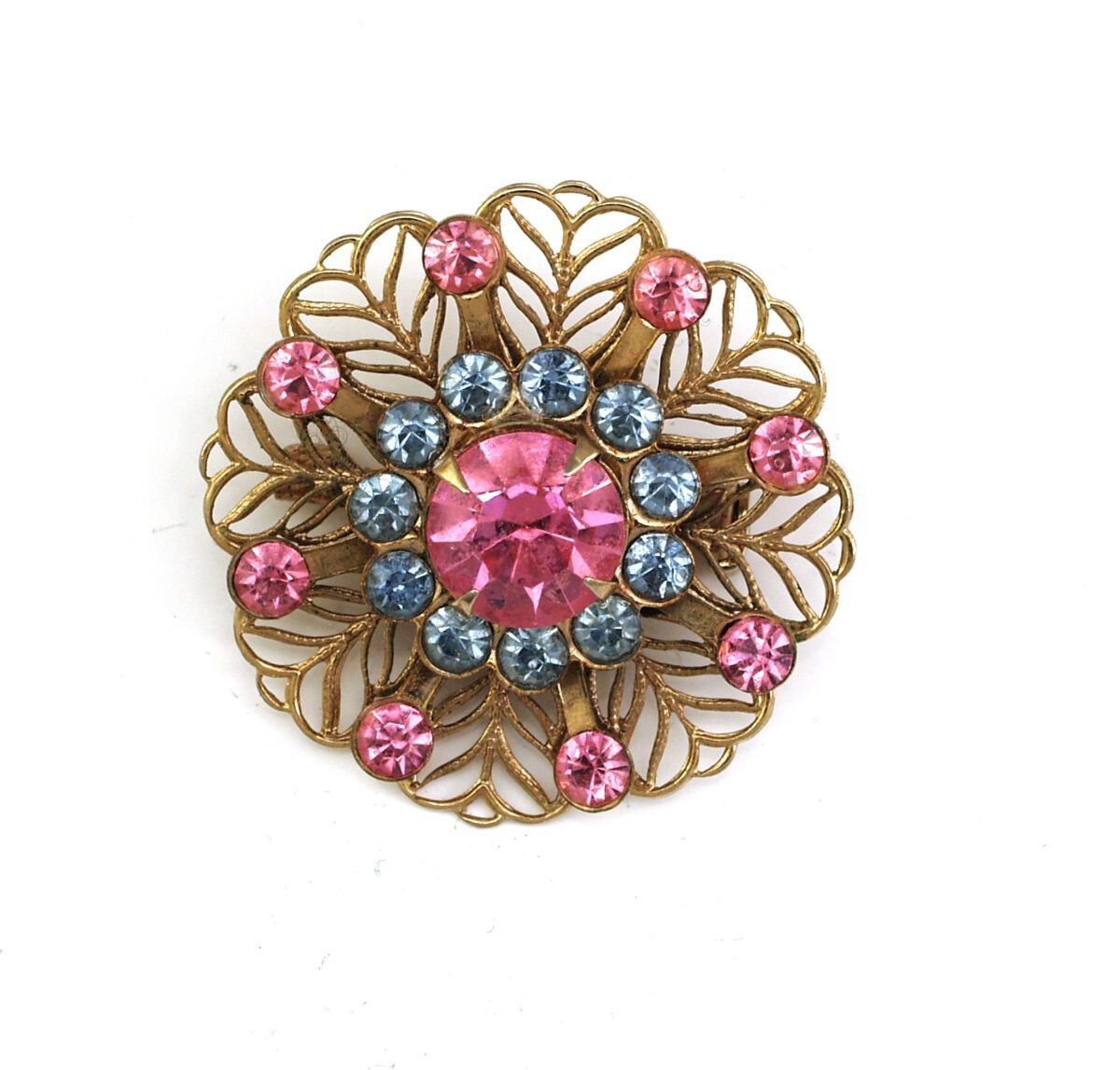 Vintage 1950s Blue Topaz and Pink Rhinestone Open Metalwork Pin