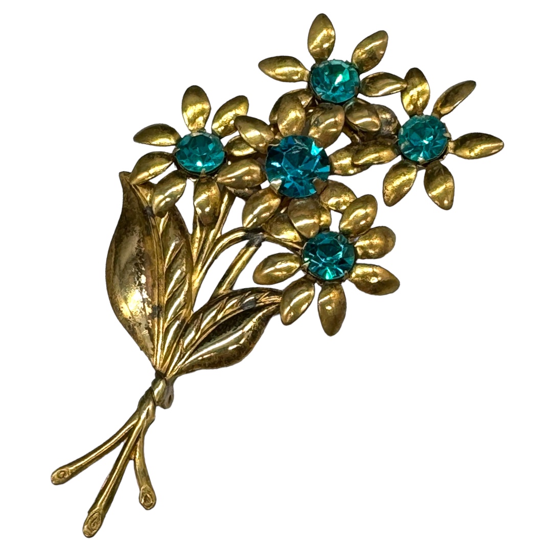 Lovely 1930s Brass Floral Rhinestone Brooch