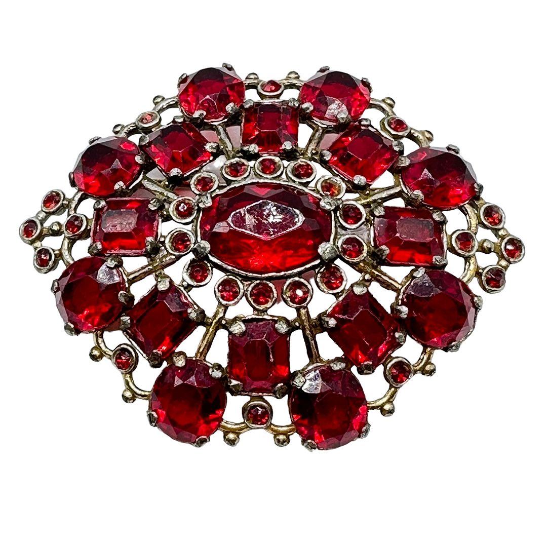 Large 1930s Red Rhinestone Pot Metal Brooch