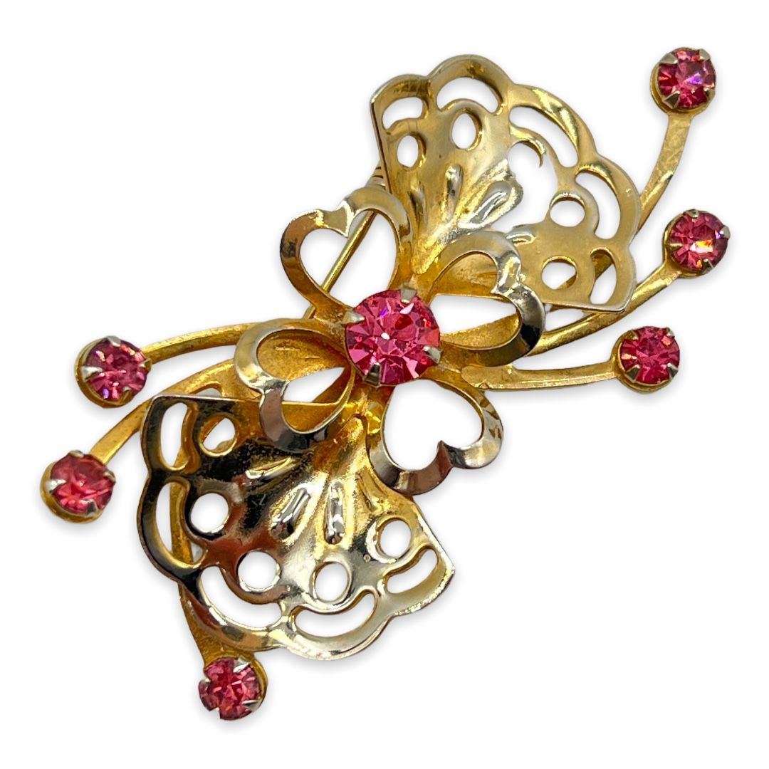 Vintage Pink Rhinestone Retro Bow Brooch