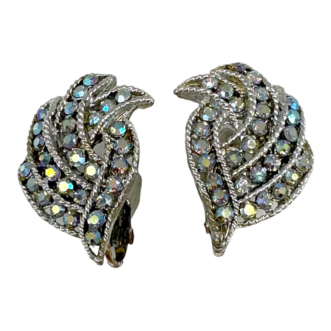 Vintage 1950s Blue Aurora Borealis Rhinestone Earrings