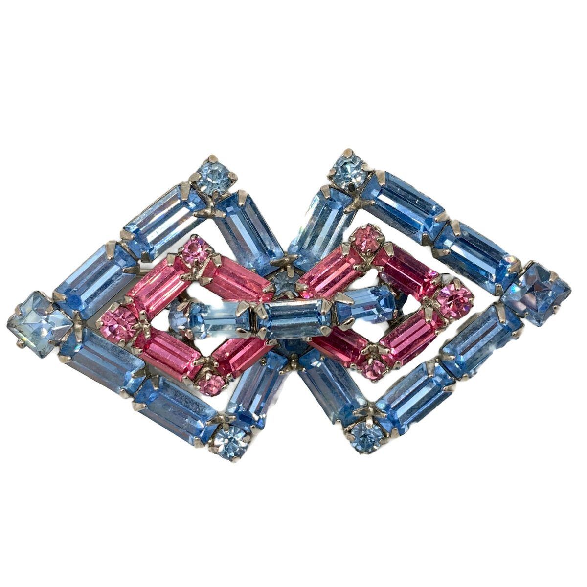 Glitzy 1950s Light Blue and Pink Bow-Tie-Shaped Rhinestone Brooch