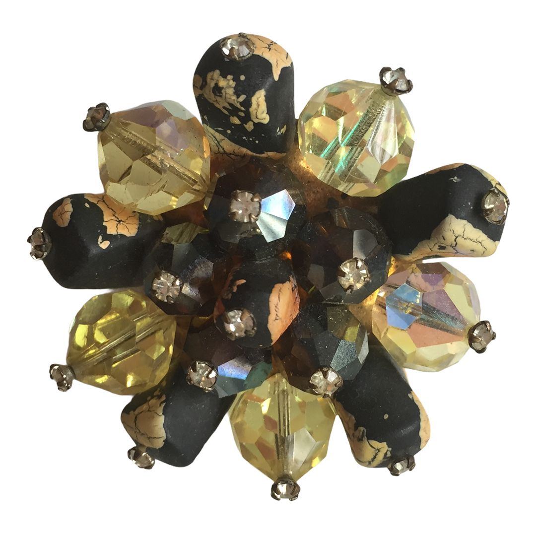Vintage c. 1960s Rhinestone, Crystal and Art Glass Brooch
