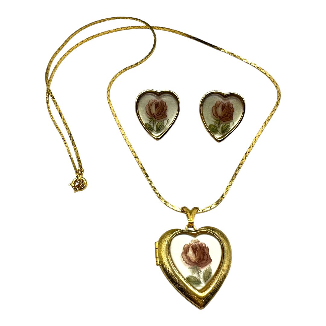 Vintage 1970s Heart Pendant Necklace and Earring Set
