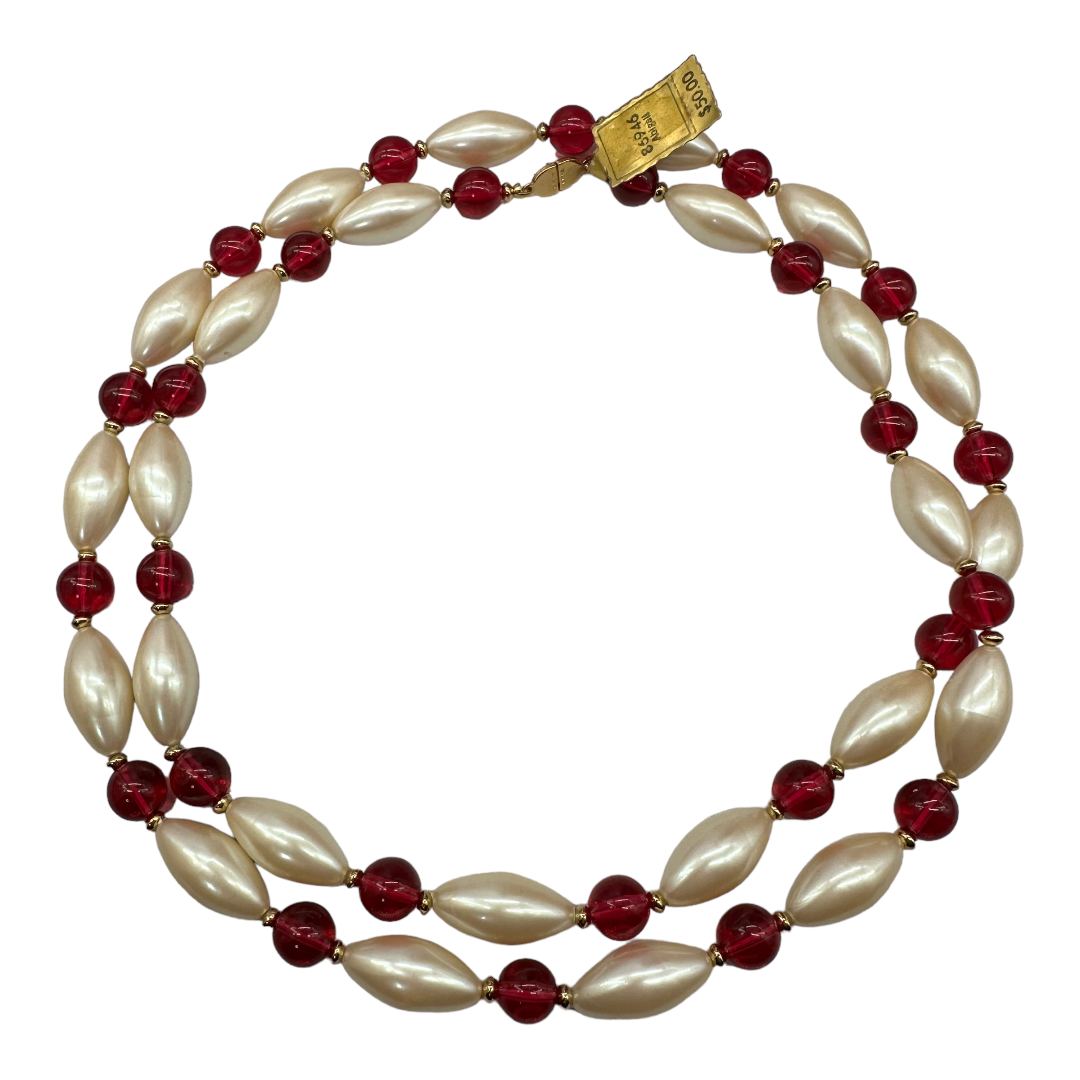 1980s Monet Faux Pearl Necklace with Cranberry-colored Beads