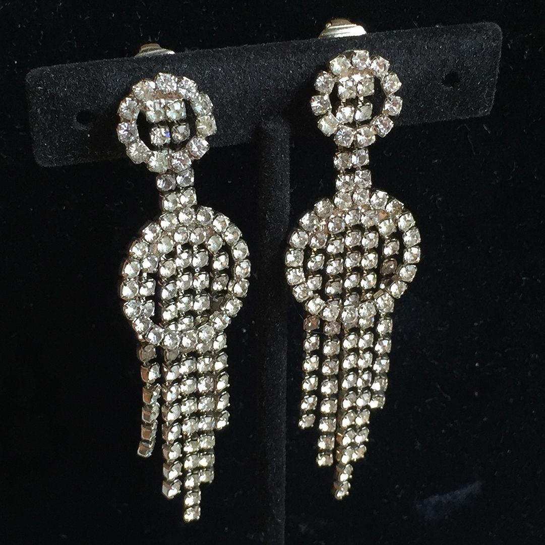 Vintage 1950s Deco-style Rhinestone Drop French Clip Earrings