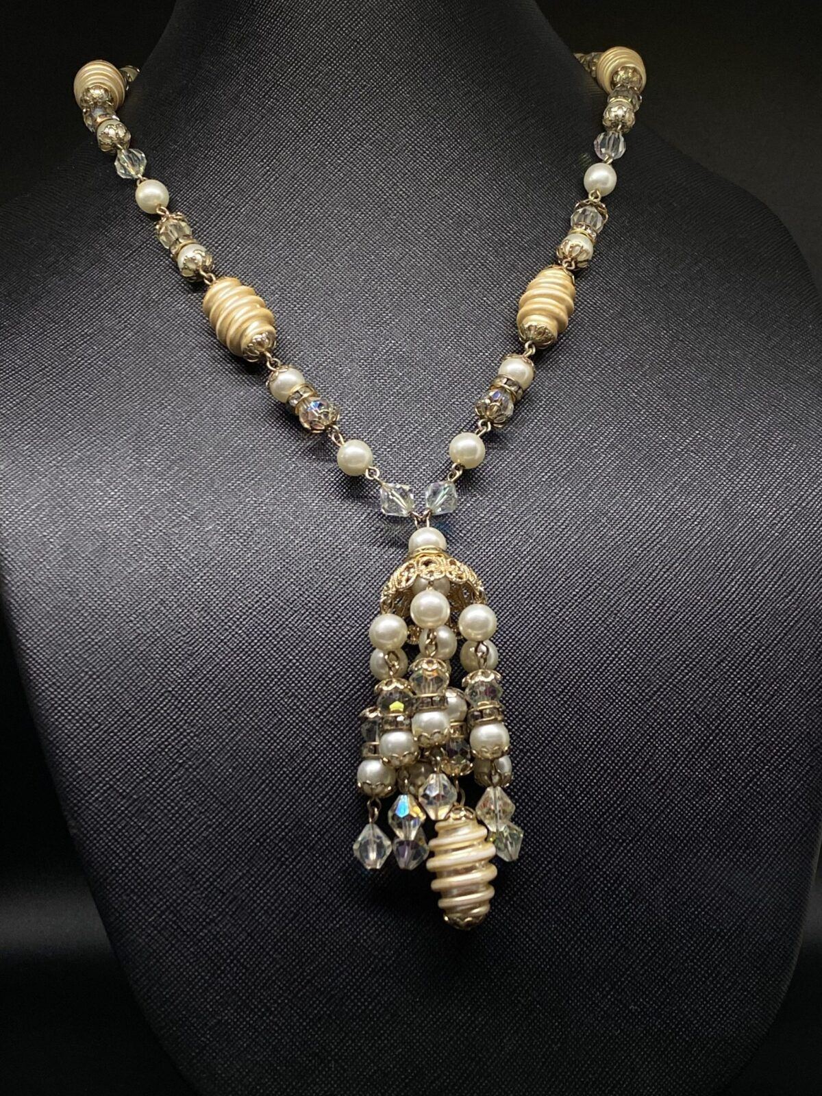 Scrumptious 1960s Faux Pearl and Crystal Tassel Necklace with Rondels!