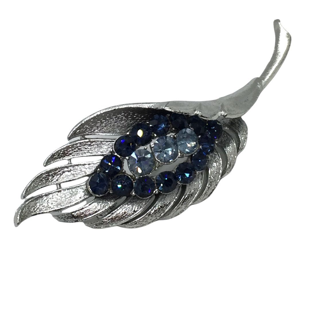 Huge Vintage Coro Silver Tone Rhinestone Stylized Leaf Brooch