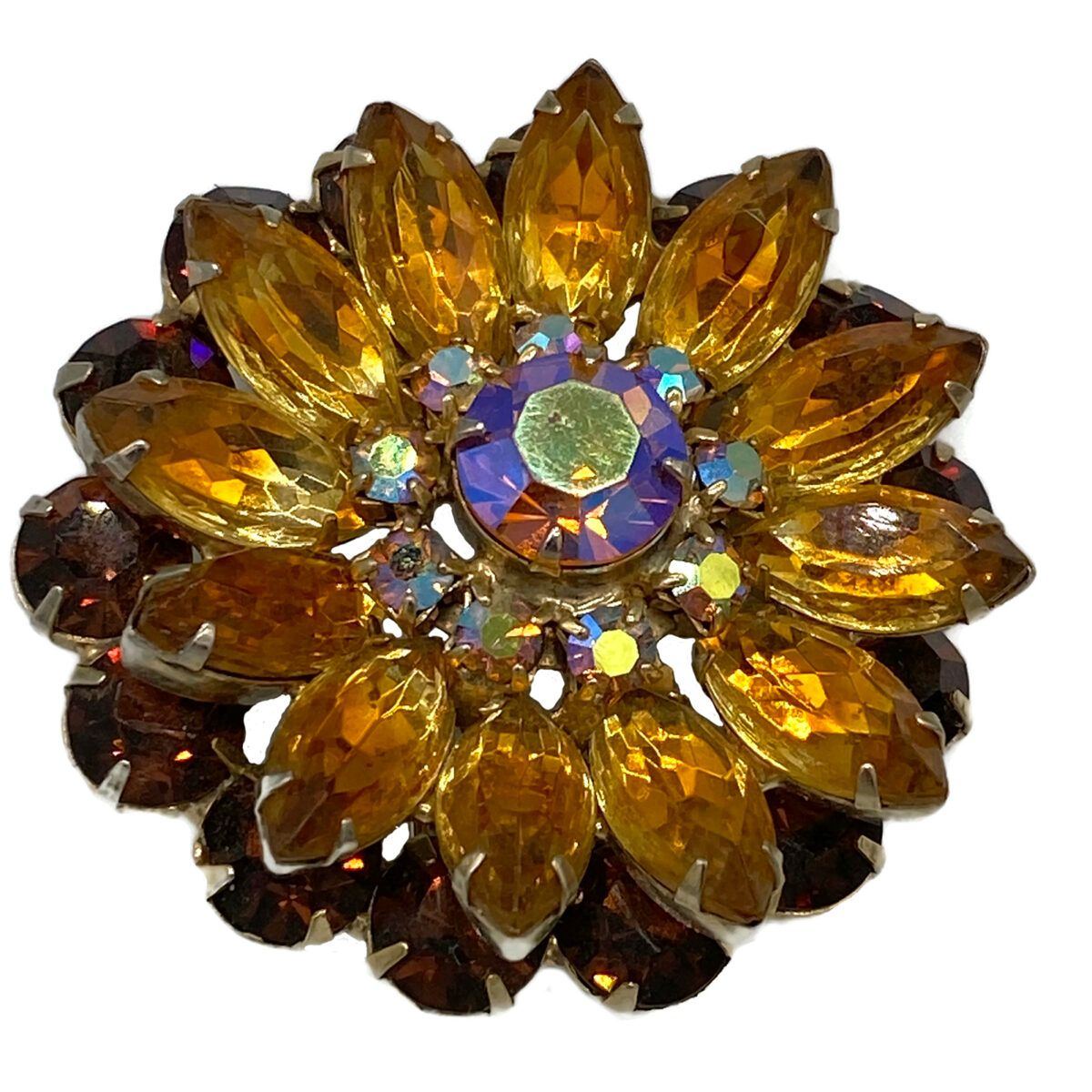 Beautiful Double Layer Amber Colored Rhinestone Brooch
