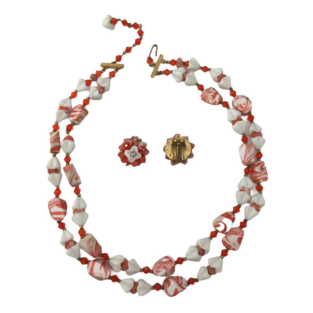 Vintage Double Strand Bib German Orange Taffy Bead Necklace and Earrings Set