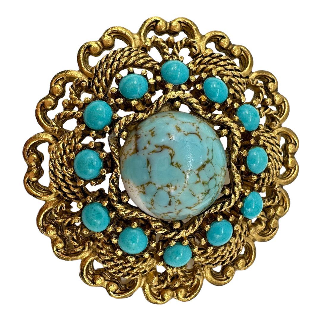 Emmons Faux Turquoise Open Metal Work Brooch