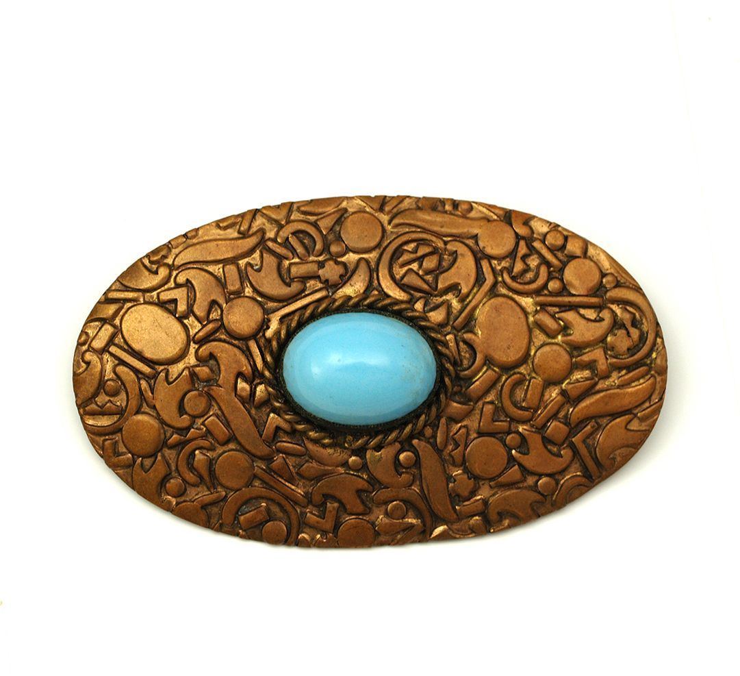 Large German Oval Brooch with Faux Turquoise Cabochon