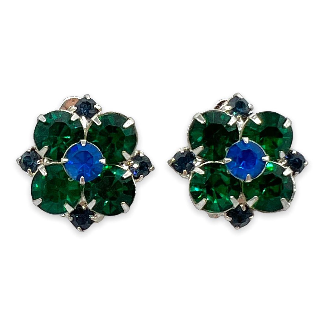 Vintage Green and Blue Rhinestone Earrings