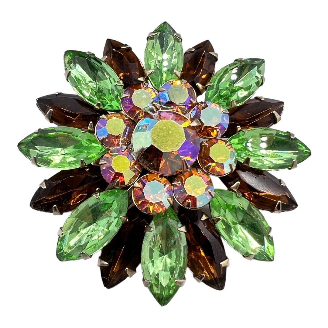 Vintage Green Purple Swedged Rhinestone Brooch