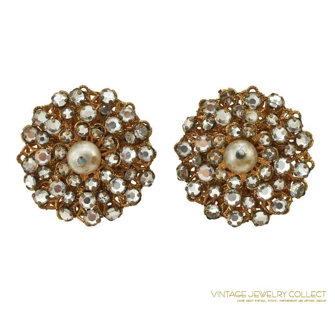 Vintage Unsigned Filigree Rose Montee Rhinestone Earrings