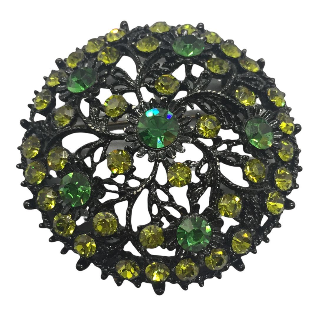 Fabulous Japanned Two-tone Green Rhinestone Brooch