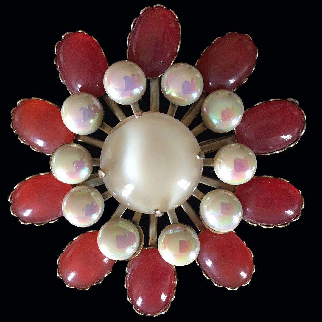 Large Vintage Carnelian Cabochon and Faux Pearl Brooch Pin