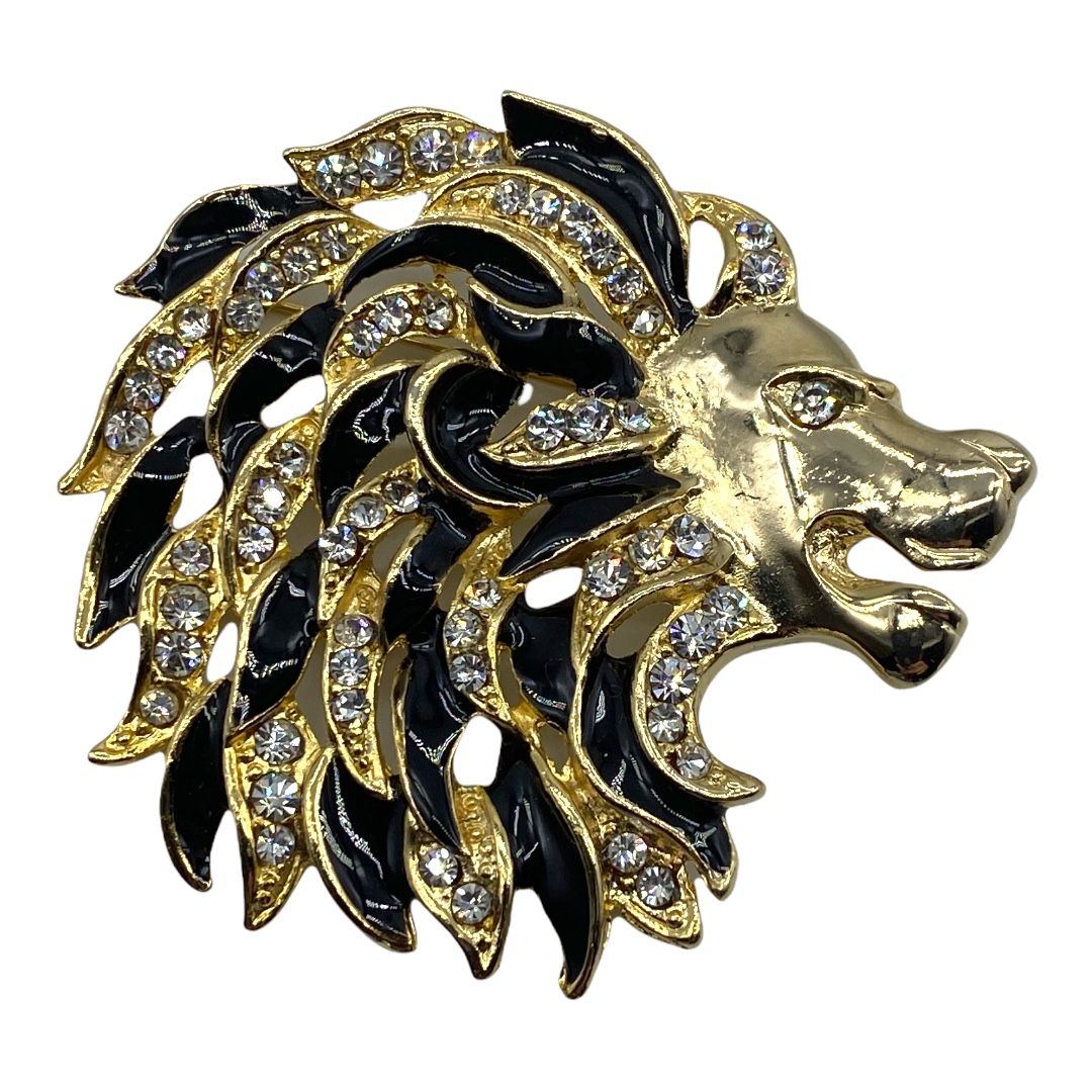 Fabulous Lion Brooch with Black Enamel and Rhinestone Accents
