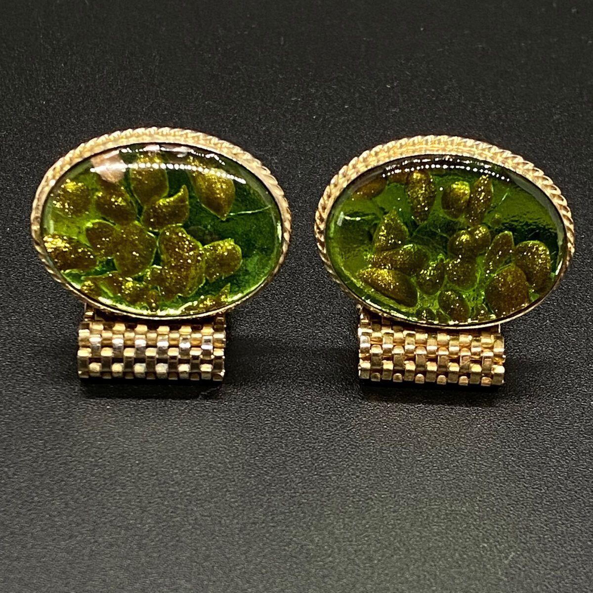 Large Lucite Green Cabochon with Gold Flecks Vintage Chain Wrap Cuff Links