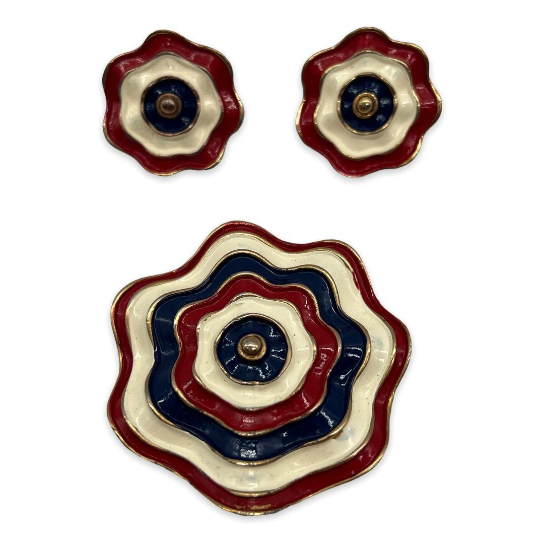 Marvella Enameled Rosette Brooch and Earring Set