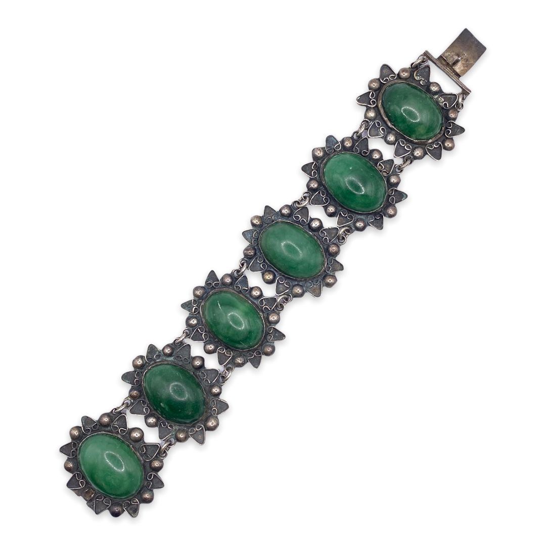 Vintage Mexican Barrera Sterling Silver Green Cabochon Bracelet