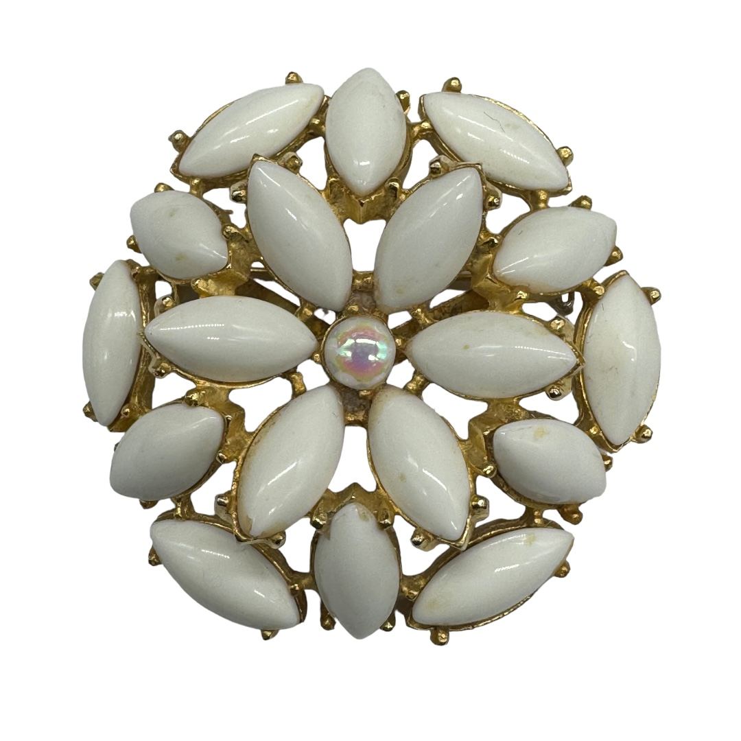 Milk Glass Brooch with Aurora Borealis Rhinestone Center
