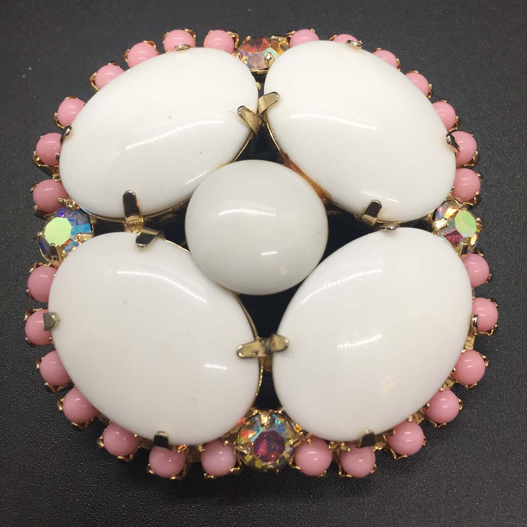 Vintage Rhinestone Brooch with Luscious Large Oval Milk glass Cabochons