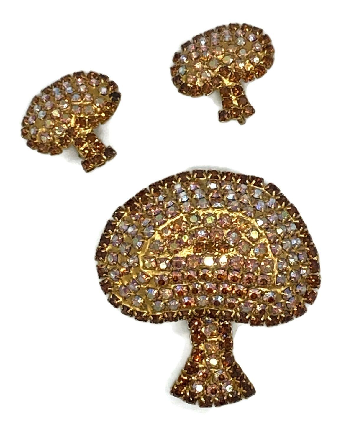 Fabulous Vintage Rhinestone Mushroom Brooch and Earring Set - Three Sisters Collection