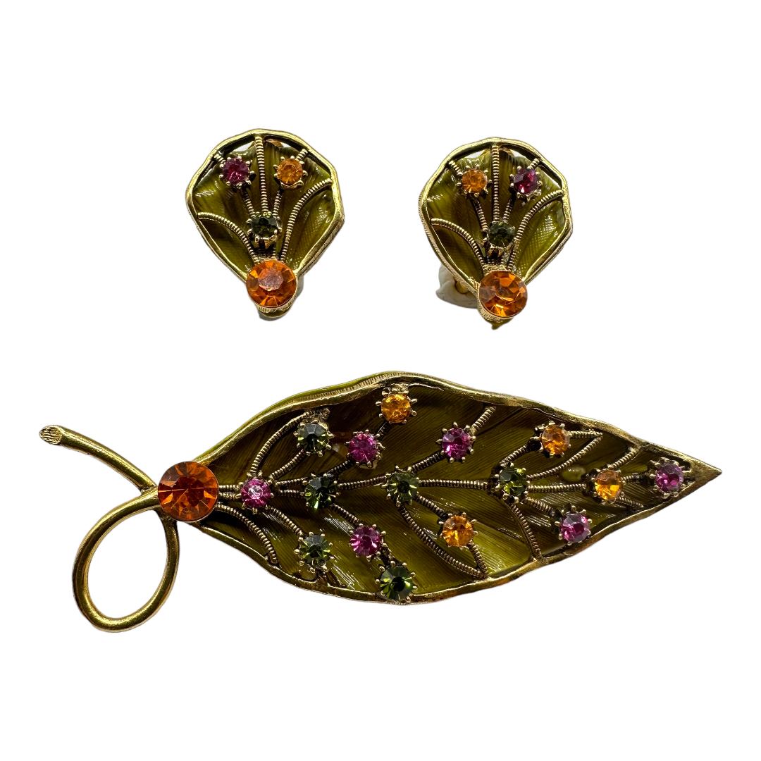 Stylized Leaf Rhinestone Brooch Earring Set