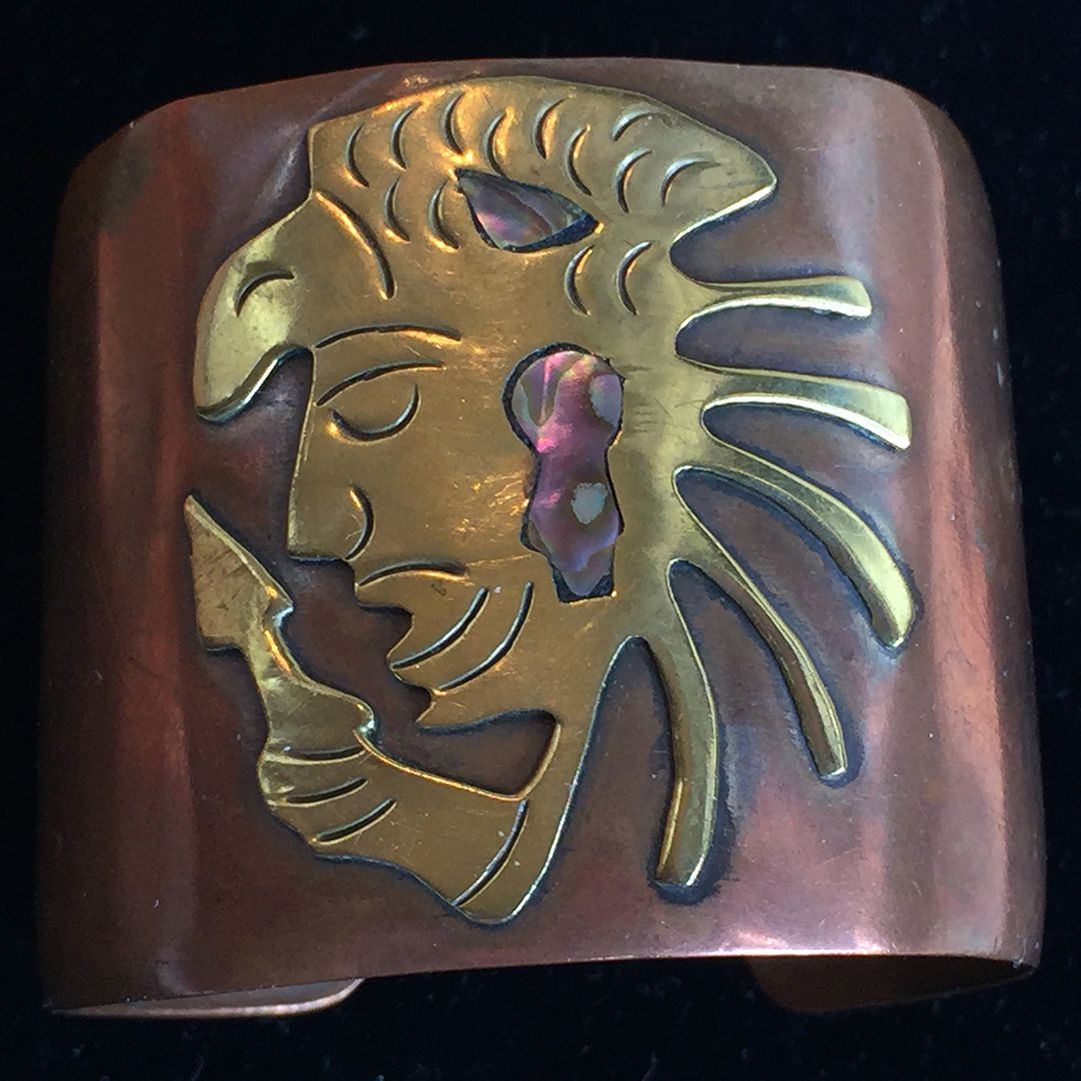 Vintage Mexican Tribal Aztec Copper and Brass Cuff with Abalone Inserts