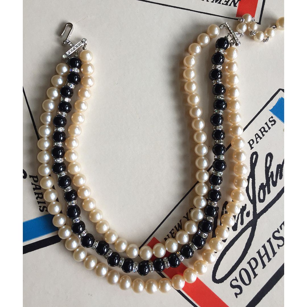 Vintage Trifari faux pearl, rondell and black bead triple-strand necklace Perfect for wedding season