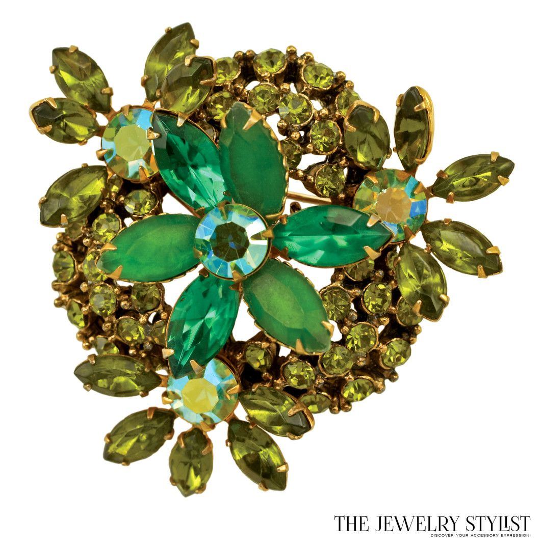 Multi Layered Peridot and Apple Green Rhinestone Brooch and Earring Set