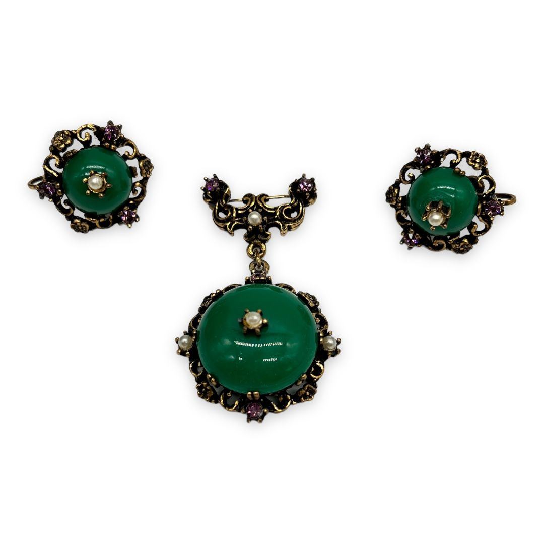 Vintage c. 1950s Lavaliere Style Brooch and Earring Set