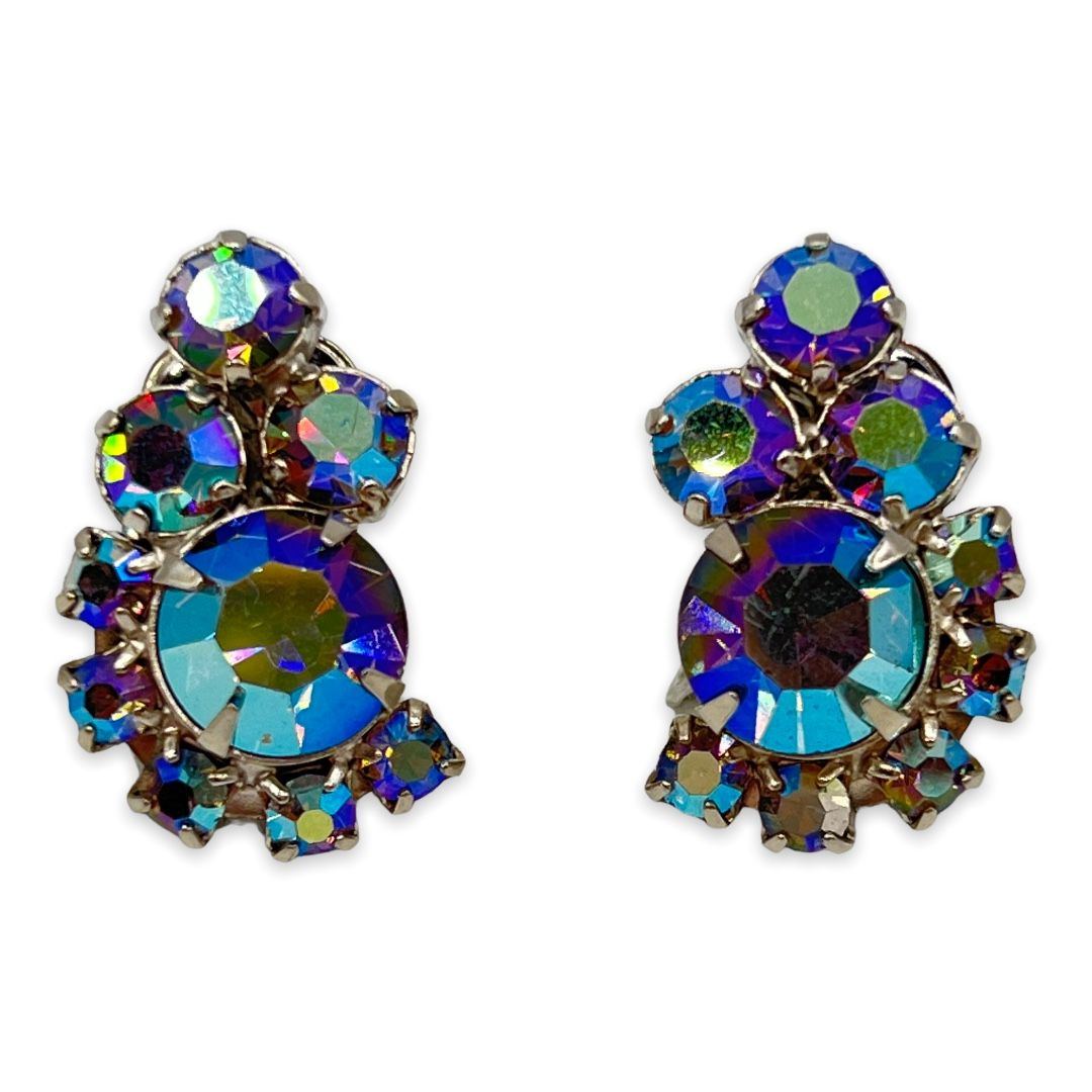 Vintage 1960s Blue Aurora Borealis Clip Back Earrings