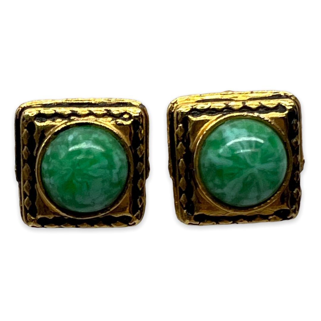 Vintage 1960s Faux Jade Gold Tone Clip Earrings