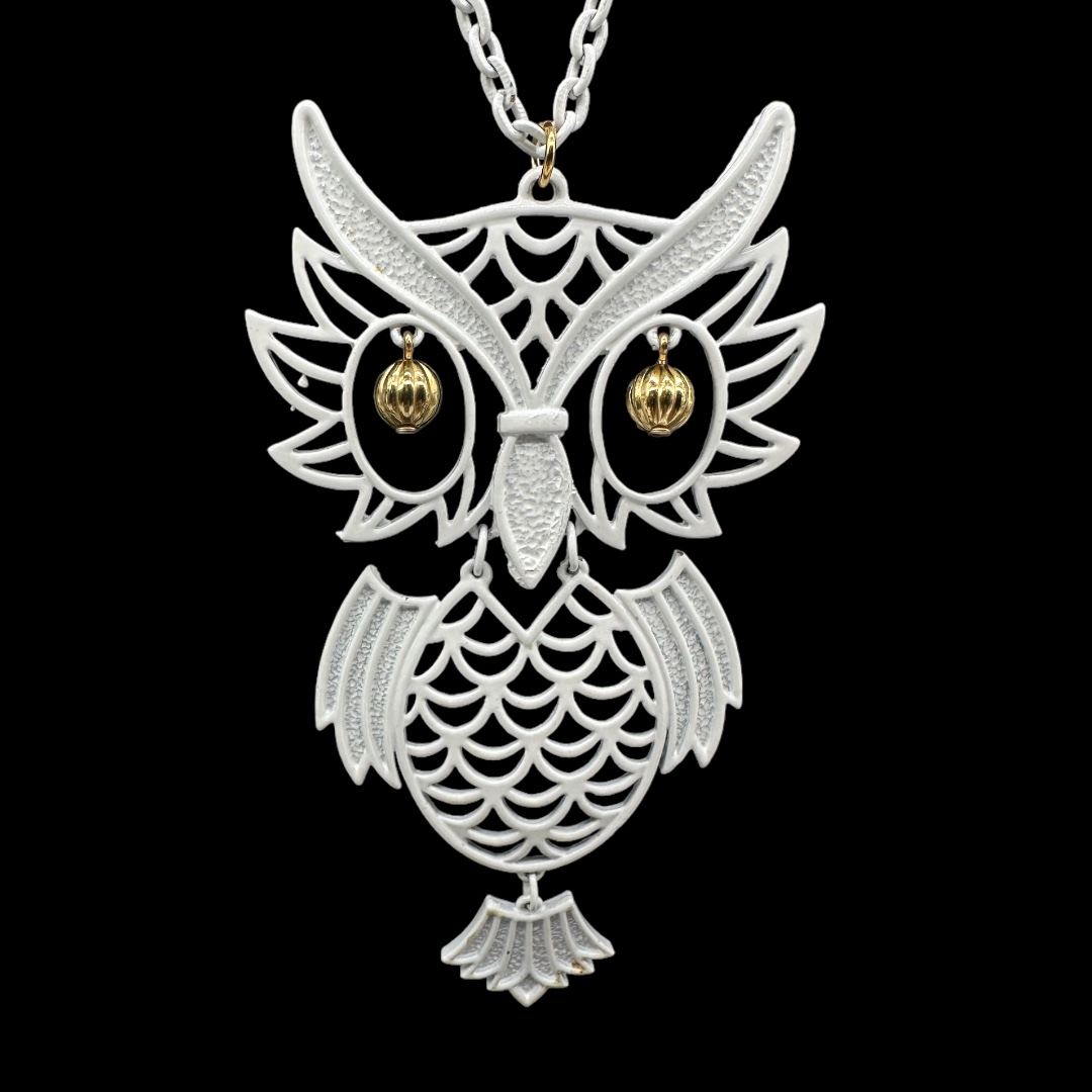 Vintage 1970s Articulated White Enamel Owl Pendant