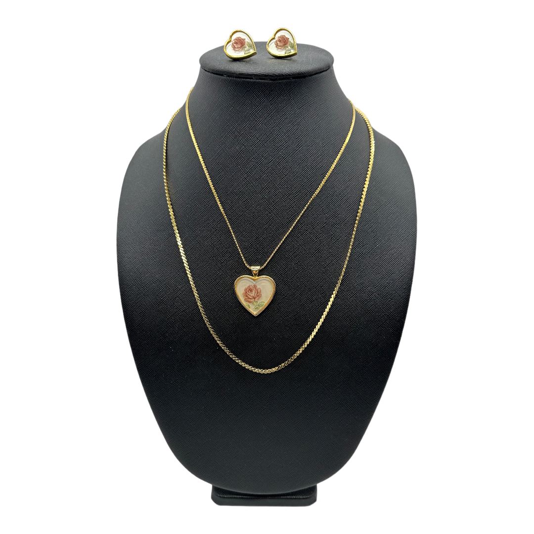 Vintage 1970s Double Chain Heart Pendant Necklace and Earring Set