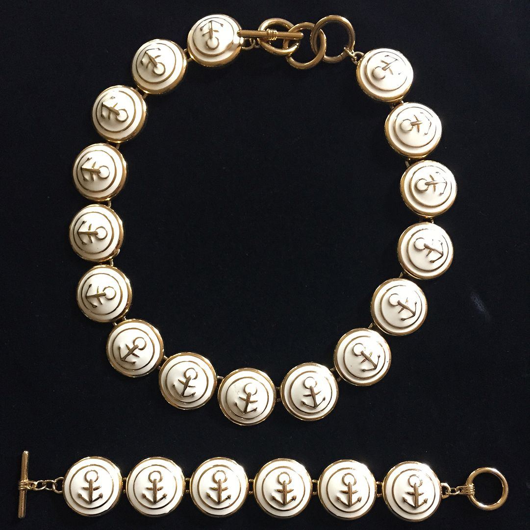 Vintage 1980s Necklace, Bracelet and Earring Set Gold Tone Enamel Anchor Motif Ex. Cond