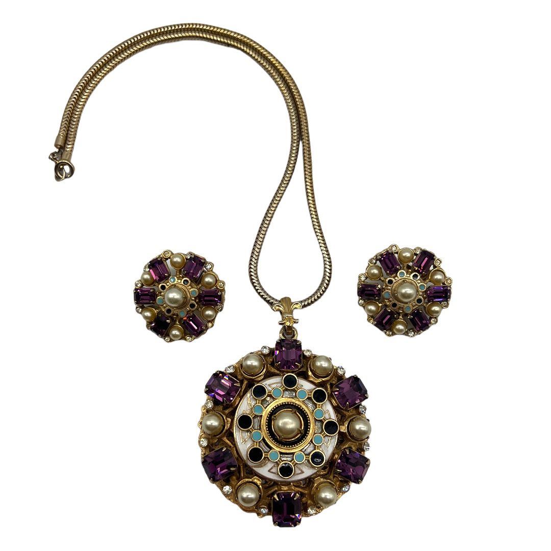 Amethyst Rhinestone Pearl Pendant and Earrings Set