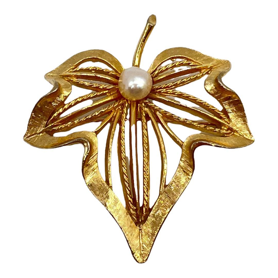 Vintage Capri Maple Leaf Brooch with Faux Pearl