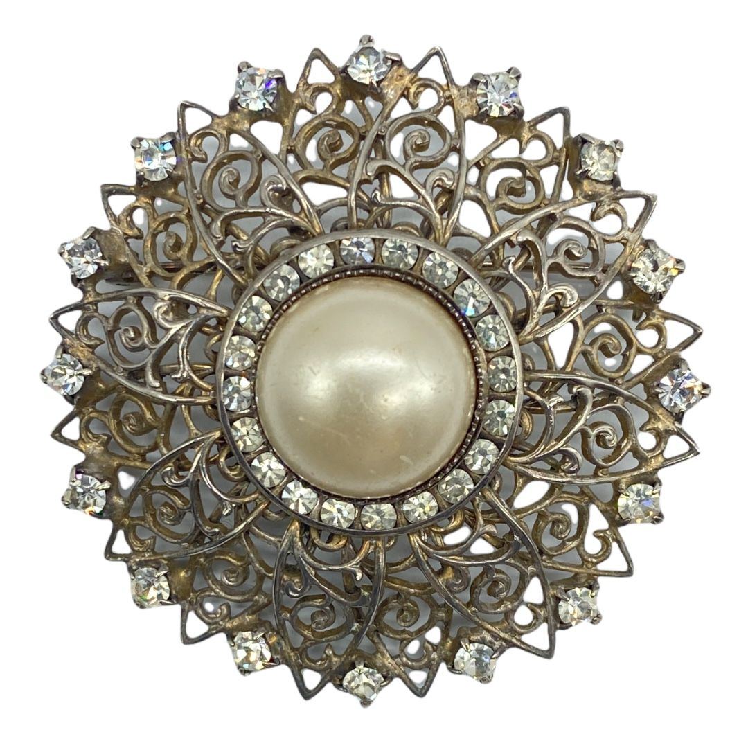 Vintage Filigree Rhinestone and Faux Pearl Brooch
