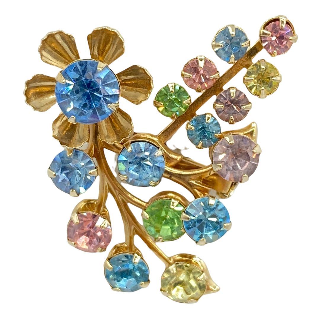 Vintage Floral Pastel-Color Rhinestone Scatter Pin