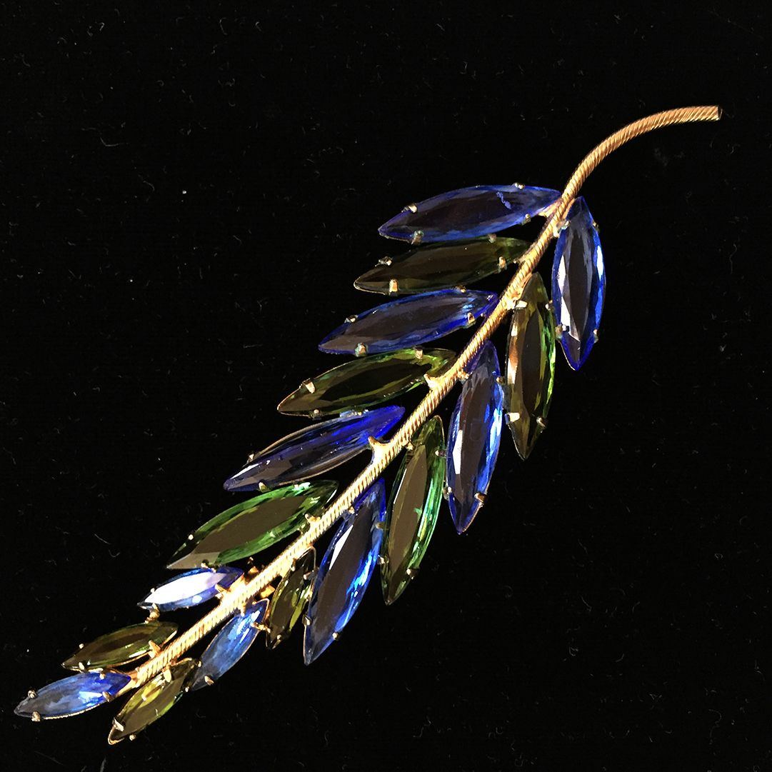 Huge Vintage Green and Blue Rhinestone Stylized Leaf Pin