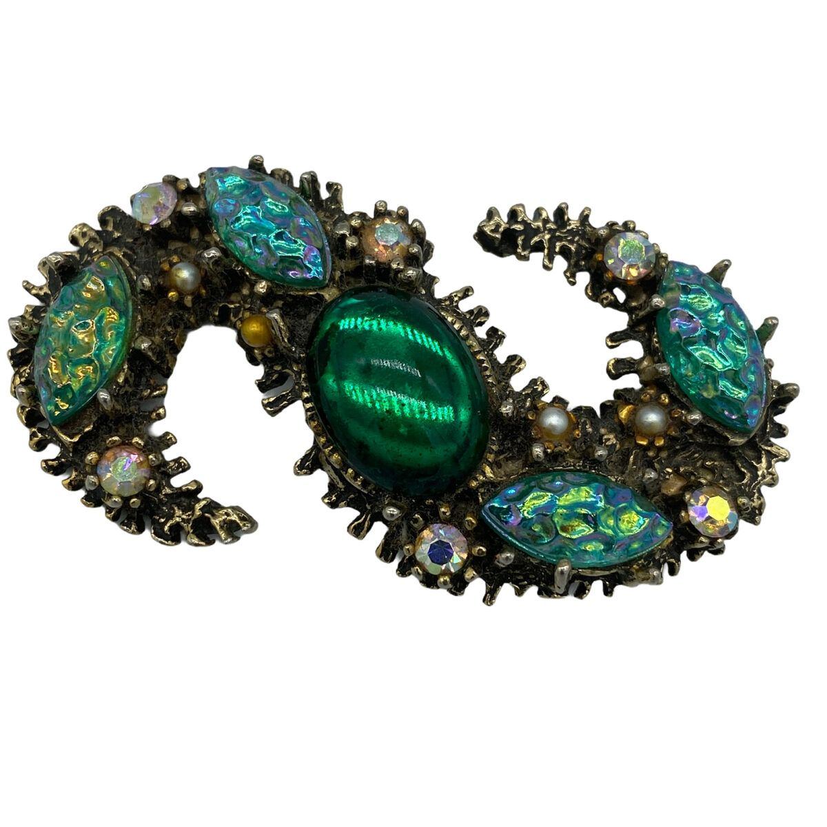 Vintage Har-Style Iridescent Molded Green Stone Brooch