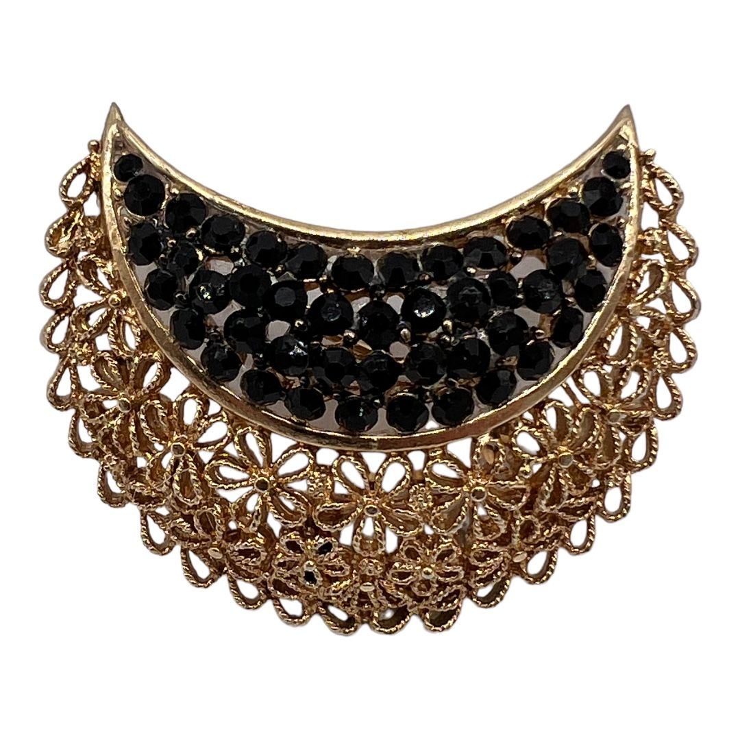 Karu Arke Gold Tone and Black Rhinestone Crescent Shaped Brooch