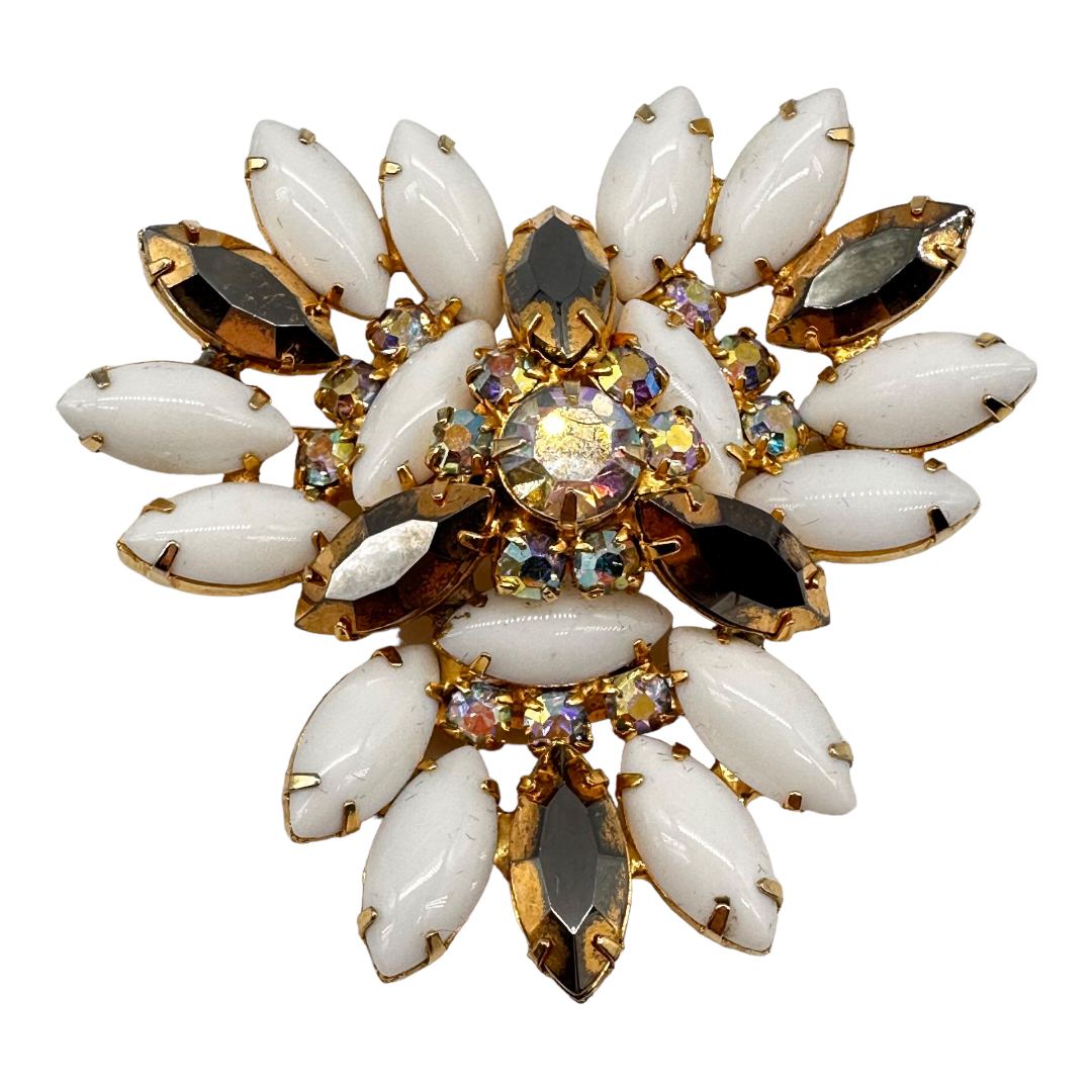 Vintage Milkglass and Copper Rhinestone Brooch