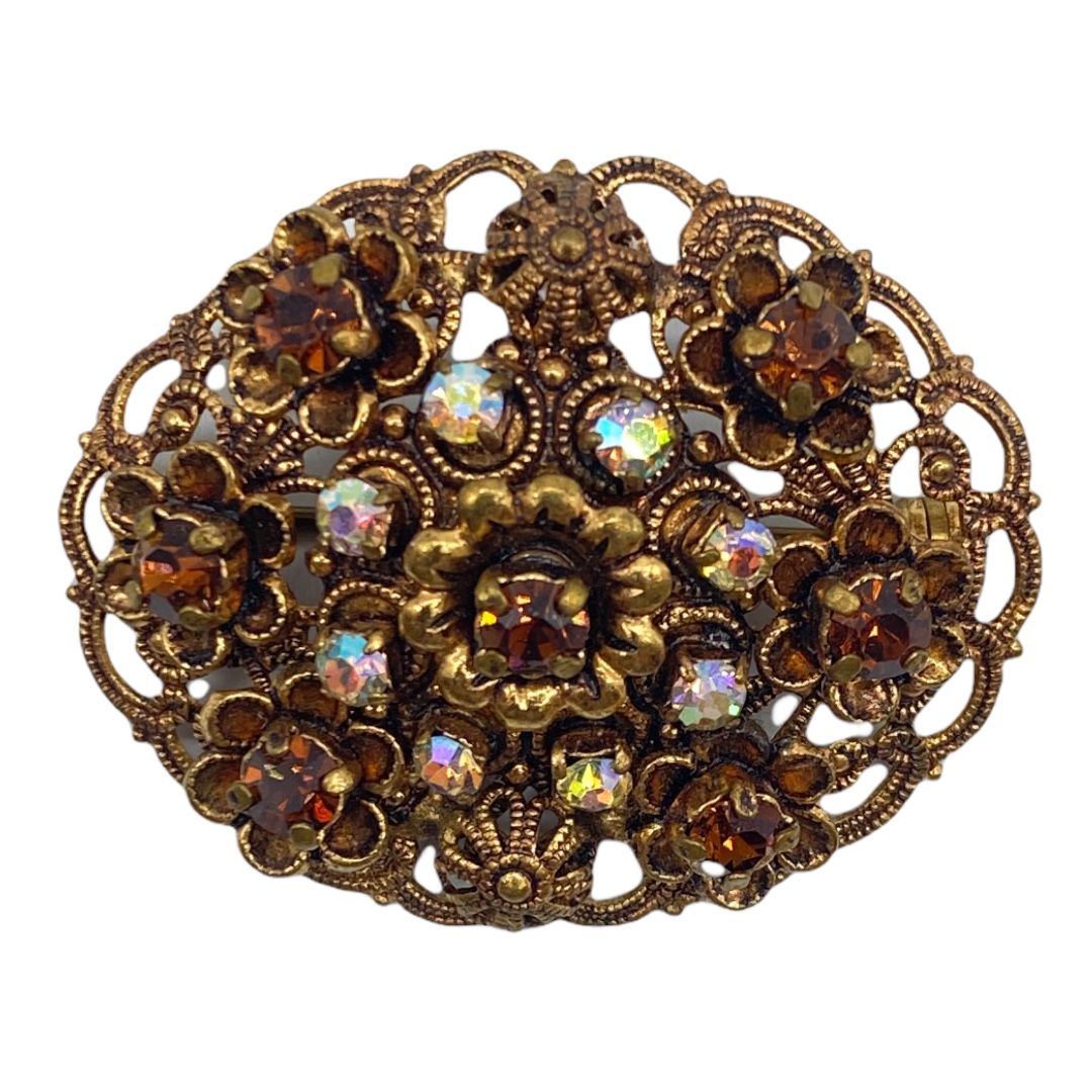 Vintage Open Metal-work Rhinestone Oval Pin