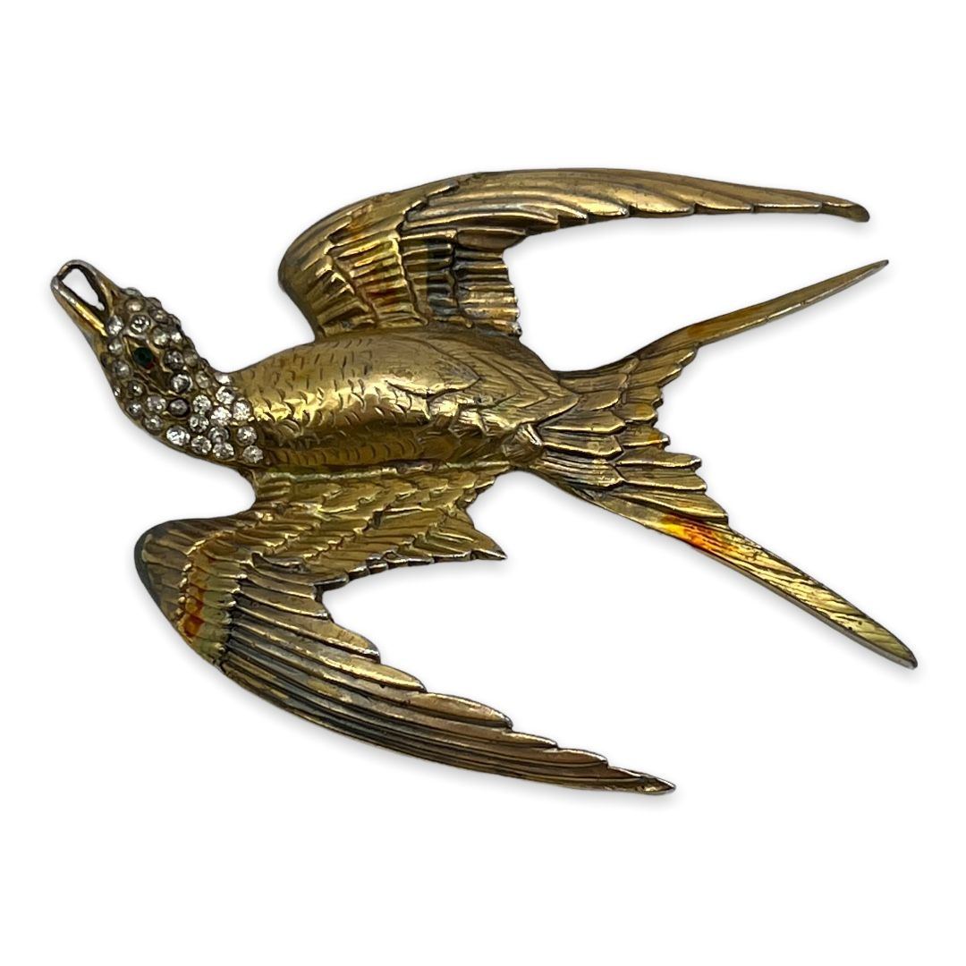 Vintage Rhinestone Pot Metal Flying Bird Brooch
