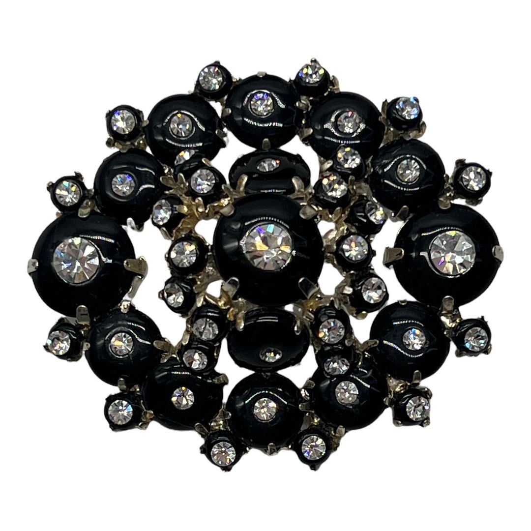 Vintage Shoe Button Brooch in Black and Crystal